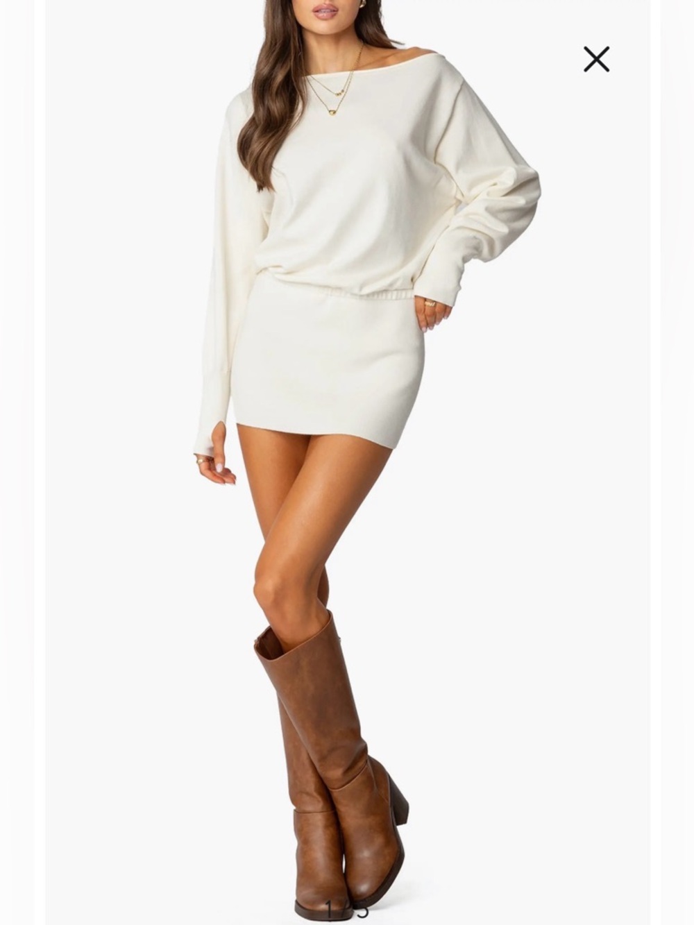 NWT- EDIKTED Eve Off the Shoulder Long Sleeve Knit Minidress, Cream, XS